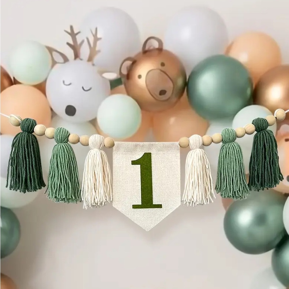Green and Cream Tassel Banner with Number 1
